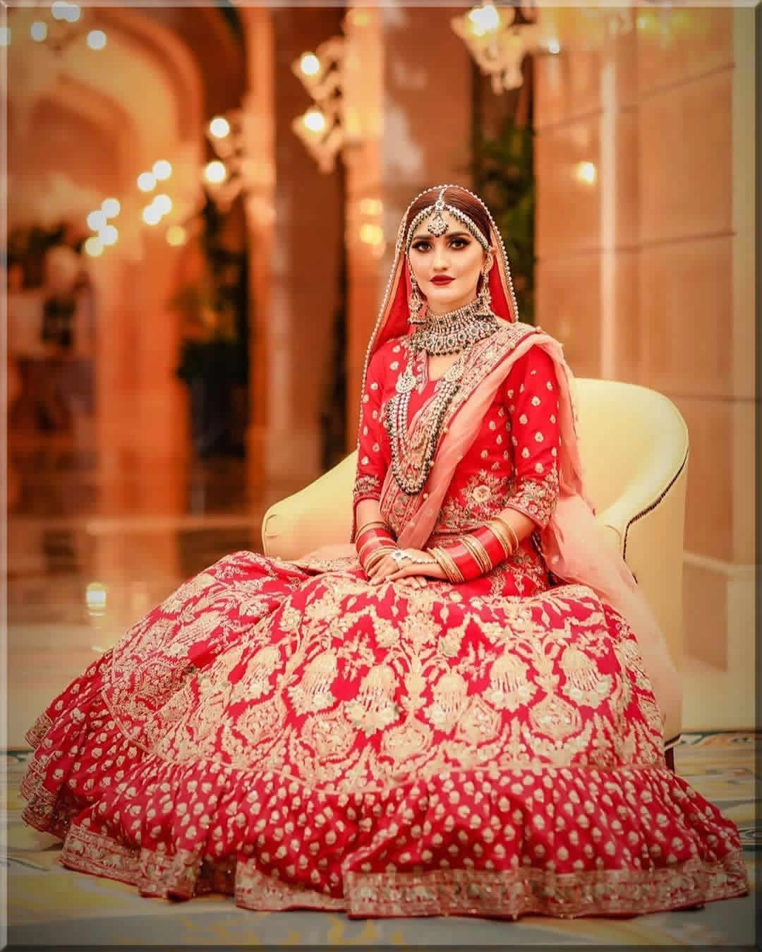 Pakistani Wedding Dress Peach Front Open Short Frock  Lehenga
