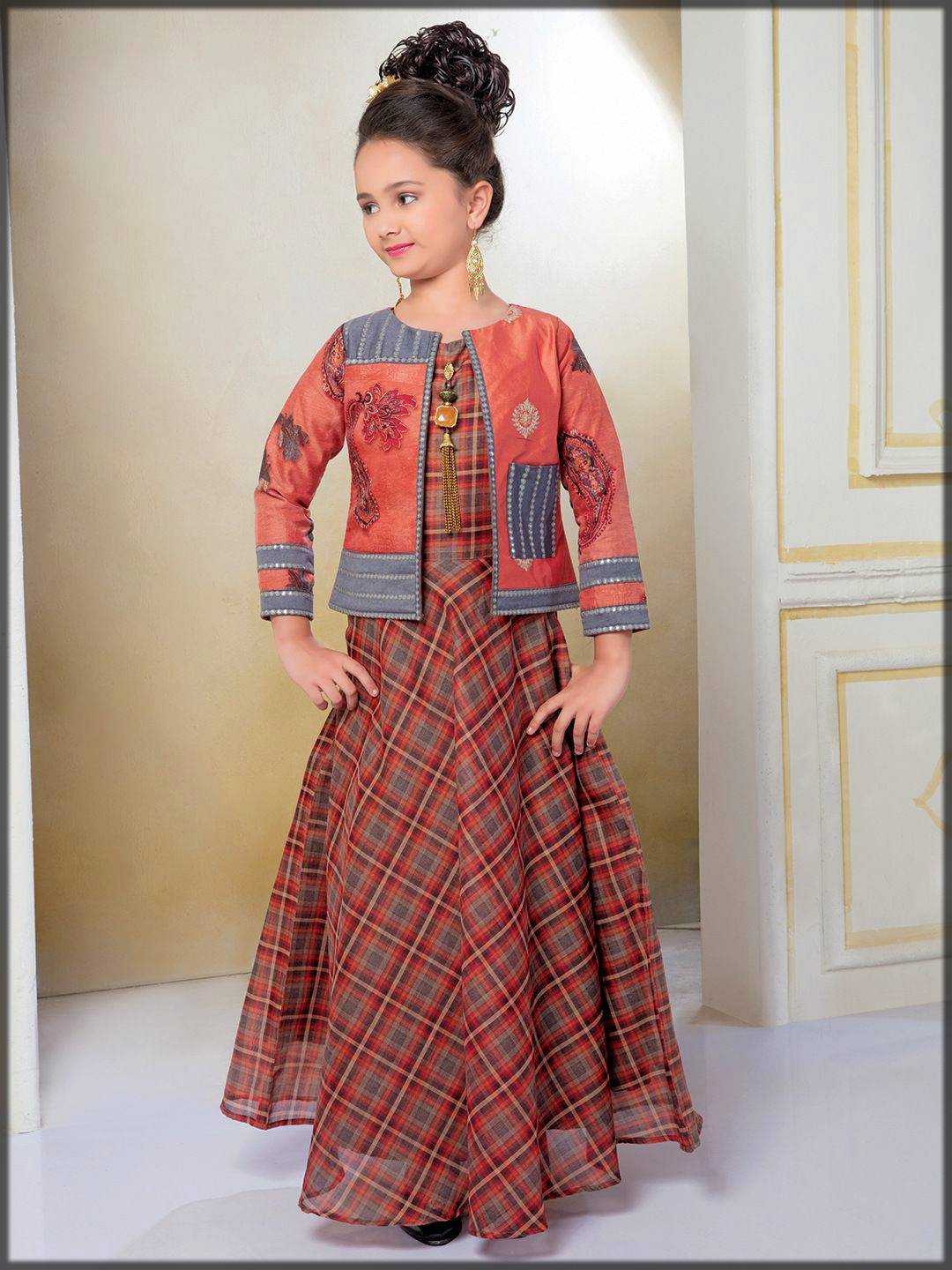 Cotton Party Wear Kids Printed Gown With Long Jacket