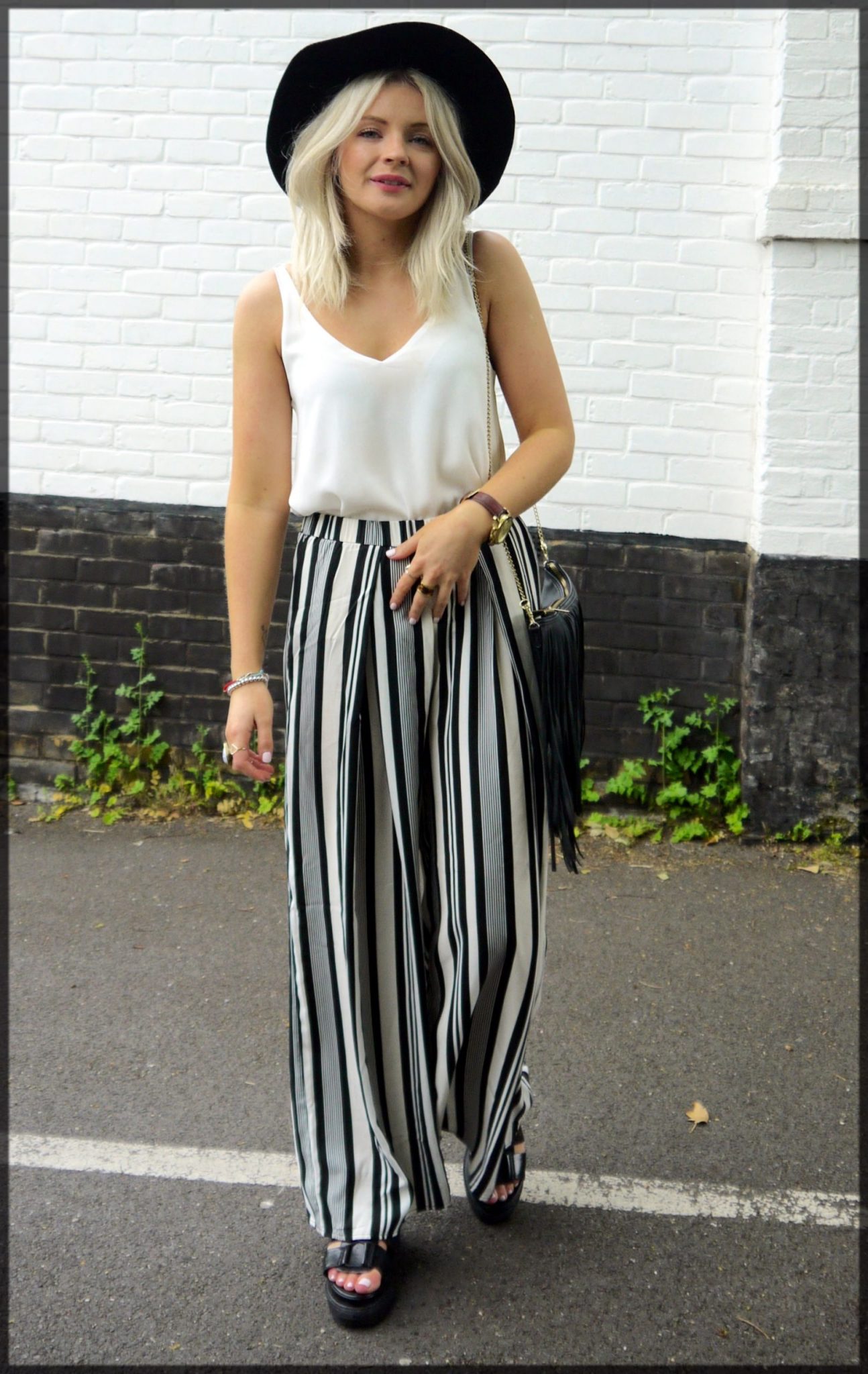 white shirt and palazzo pants