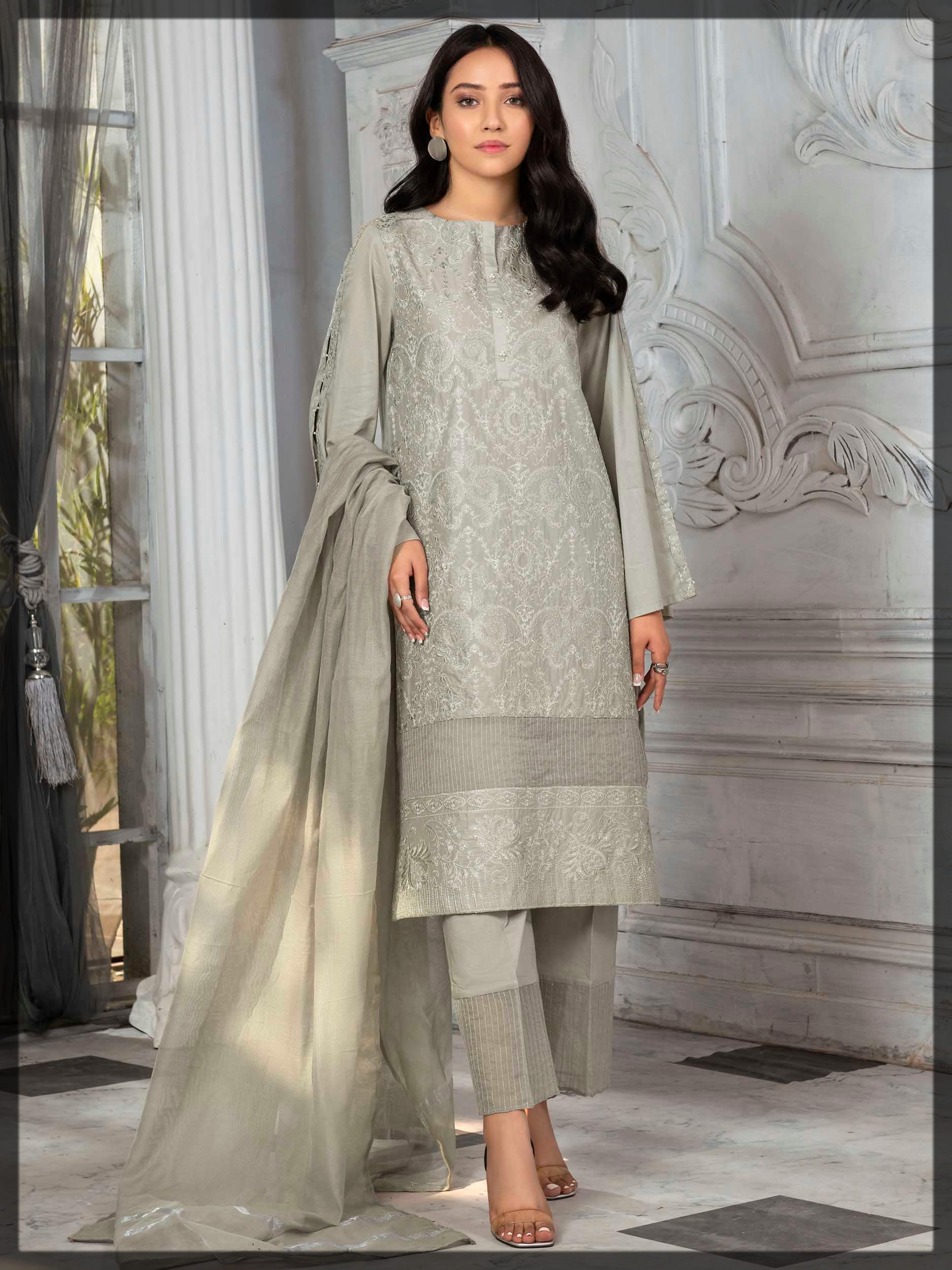 light grey embroidered suit